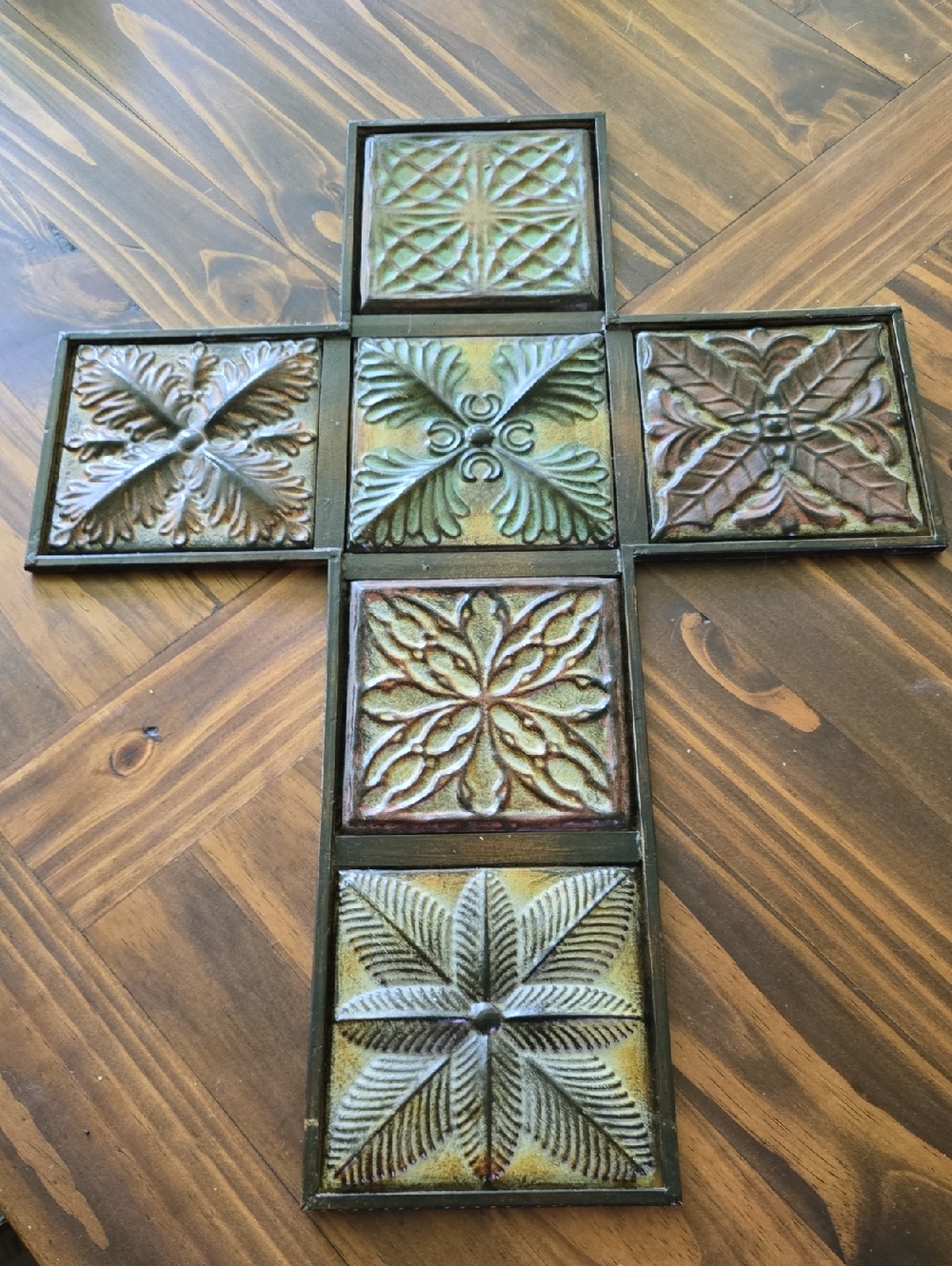 Decorative Metal Tile Cross Wall Art - Green/Bronze & Smaller Gold/Bronze